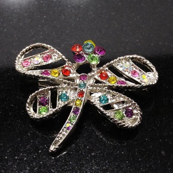Dragonfly & Flower Brooch, Multicolored Rhinestones, Silver Tone, 1 3/4 Inches - Picture 6 of 9